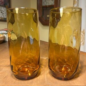 Pair of Libbey Optic Swirl Amber Goldmine 24 oz Tumbler 6.75" Drinking Glasses